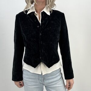 Vintage Black Crushed Velvet Jacket Womens 10 Medium Cropped Button Front Blazer